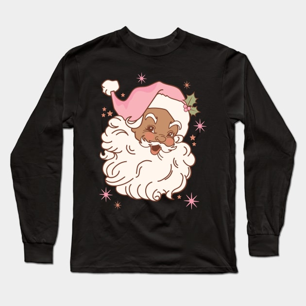 Retro Black Santa Claus Mid Century Modern Cute Pink Santa Long Sleeve T-Shirt by PUFFYP